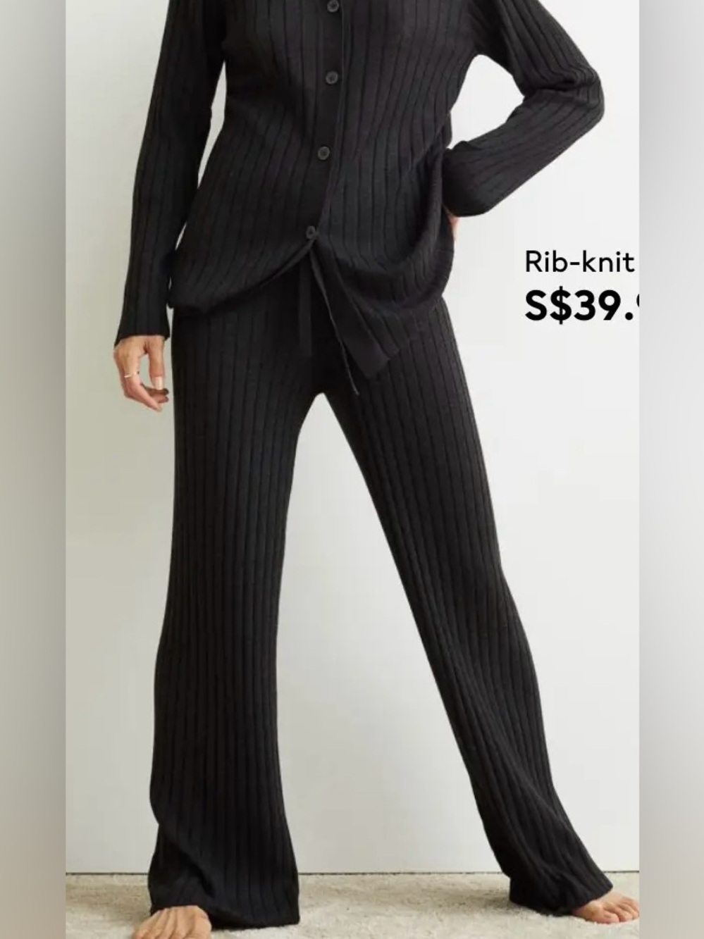 H&M Dark Charcoal Grey Ribbed Knit Wide Leg Lounge Pants